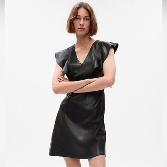 GAP, Vegan Leather, Flutter Sleeve, V-Neck  A-Line Mini Dress, Black Sz 10 Tall - Picture 1 of 15